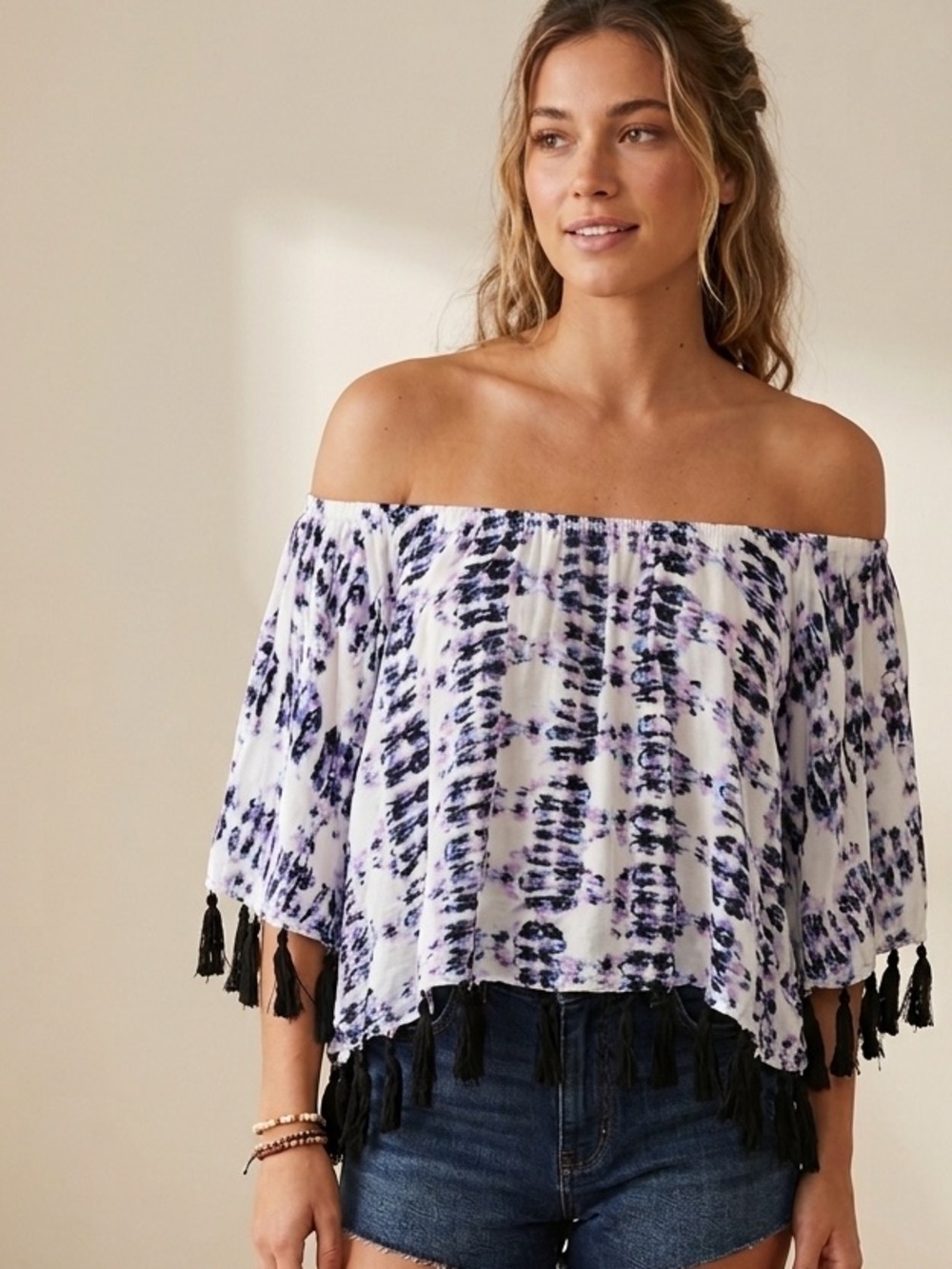 Surf Gypsy Stylish Multicolor Tassel off the shoulder top size medium